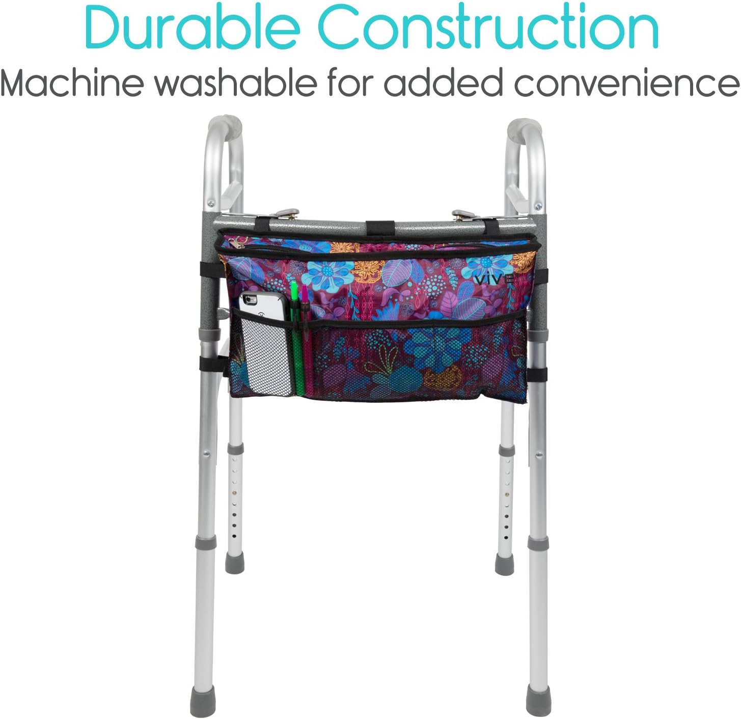 Vive Walker Bag - Water Resistant Accessory Basket Provides Hands Free Storage for Folding Walkers - Attachment Fits Wide and Narrow Styles - Tote Caddy Pouch for Elderly, Seniors, Handicap, Disabled: Health & Personal Care