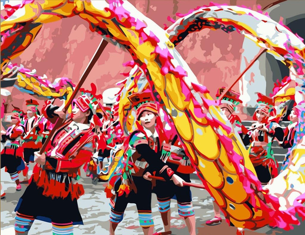 [ New Release ] Diy Oil Painting by Numbers, Paint by Number Kits - Chinese Ancient Traditions Dragon Dance 16*20 inches - Digital Oil Painting Canvas Wall Art Artwork Landscape Paintings for Home Living Room Office White Christmas New Year Valentine Decor Decorations Gifts - Diy Paint by Numbers Diy Canvas Kit for Adults Advanced Children Seniors Junior - New Arrival