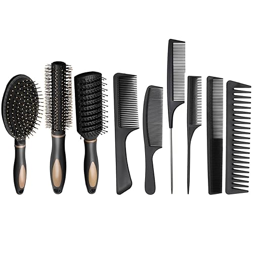 9 Packs Hair Brush Set, Detangling Brush Paddle Brush Round Hair Brush Tail Comb Wet Dry Brushes, Massage Combs, Hairbrush Anti-Static, Edges Brushes for Home Salon Supplies(Black)