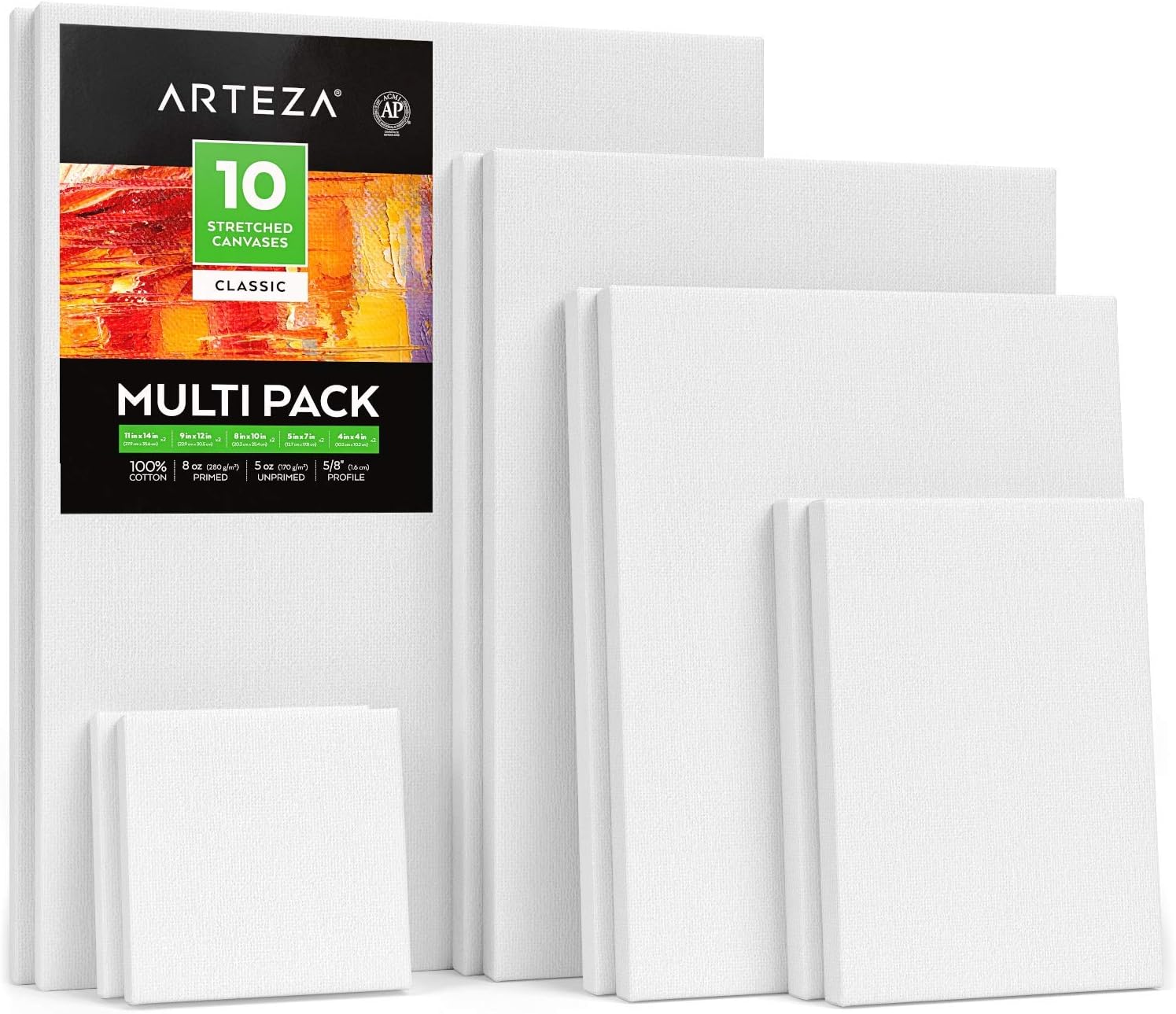 Arteza Stretched Canvas for Painting Multipack of 10, 10.2 x 10.2, 12.7 x 17.8, 20.3 x 25.4, 22.9 x 30.5, 27.9 x 35.6 cm