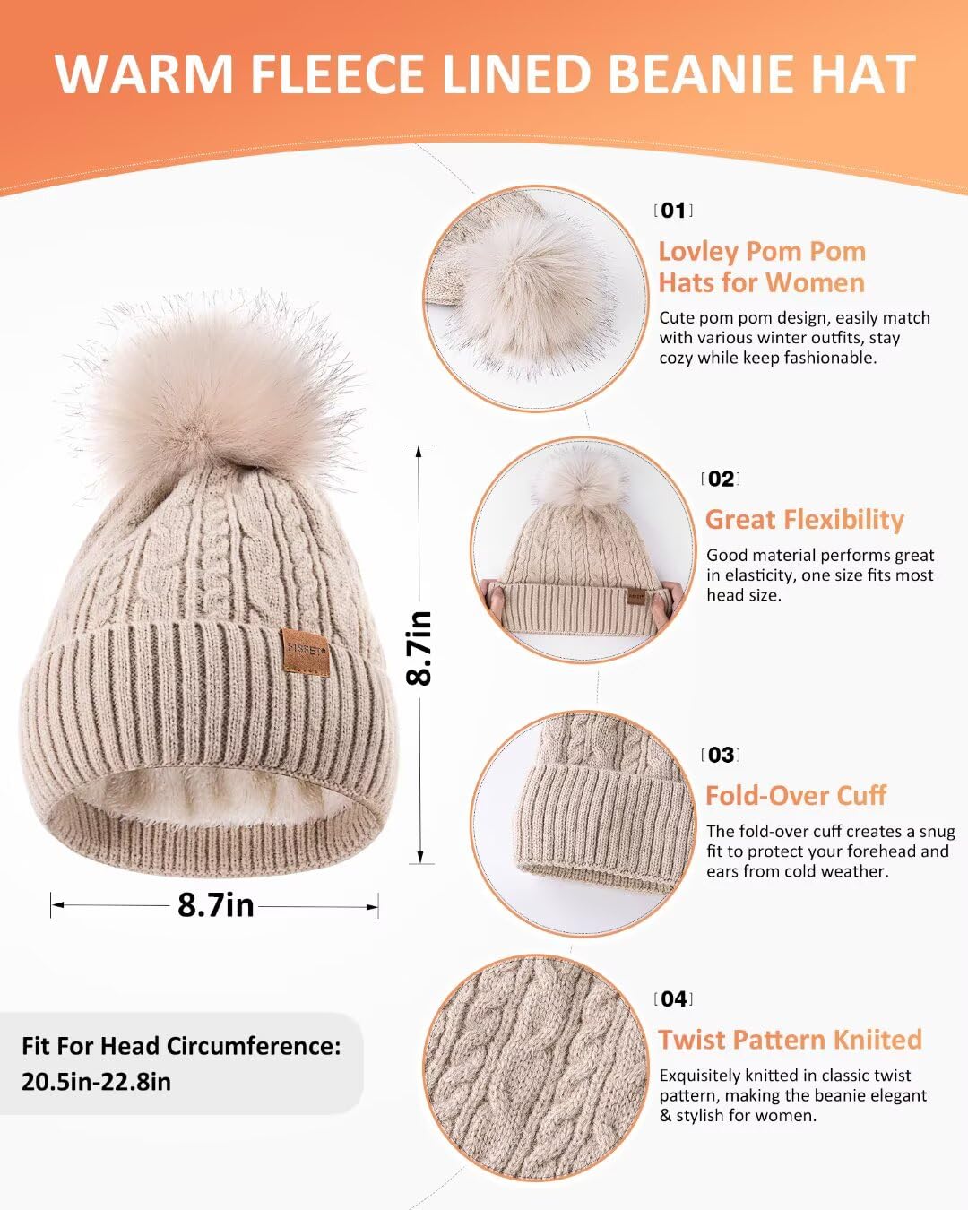 FISFET Winter Beanie Hat Scarf Gloves Set for Women, Pom Pom Beanie Fleece Lined Knit Neck Warmer Touchscreen Gloves 3 in 1 Gift Set