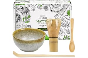 KAISHANE Japanese Matcha Whisk Set Matcha Tea Ceremony Set of 4 Including 100 Prong Matcha Whisk, Traditional Scoop, Tea Spoon and Ceramic Matcha Bowls