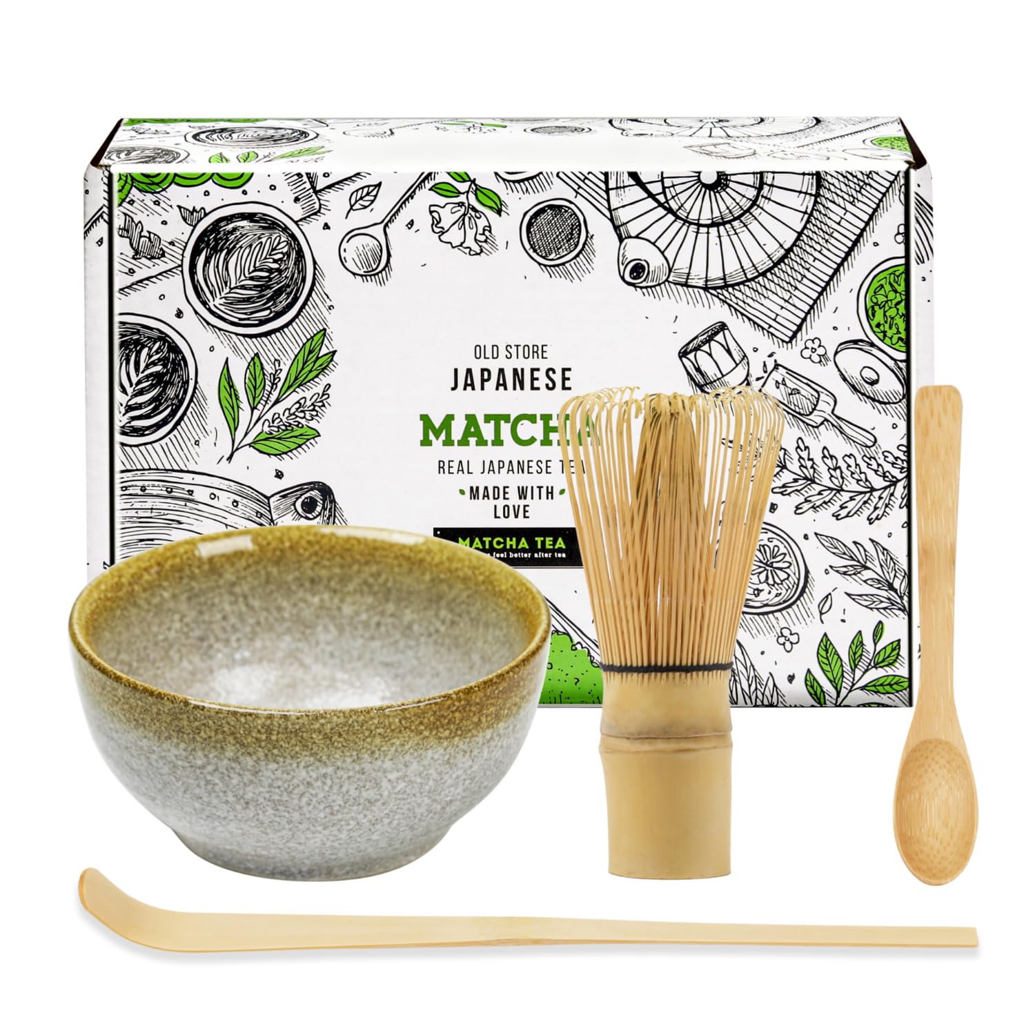 Japanese Matcha Tea Set of 4,Matcha Whisk Set with 100 Prong Whisk, Traditional Scoop, Tea Spoon and Ceramic Matcha Bowl,Tea Ceremony Accessory for Making Matcha