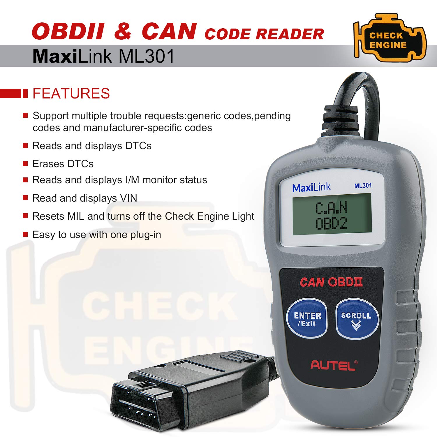 Autel MaxiLink ML301 OBD2 Scanner,Fault Code Reader with Reset and Turn off Check Engine Light(MIL),Upgraded Version of MS309