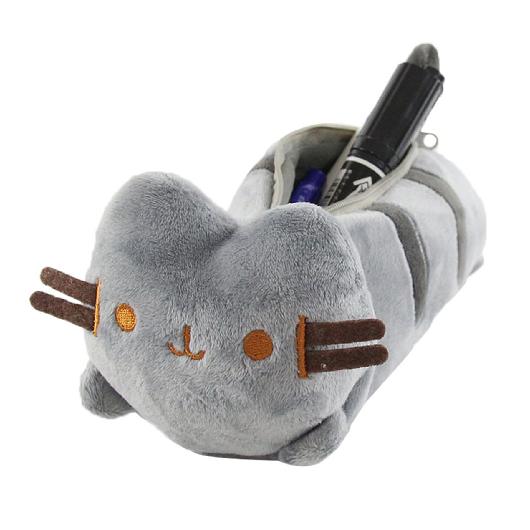 MOYAGA Cat Pencil Case - Cute Grey Animal Pencil Case, Large Plush Pen Pouch Stationery Storage