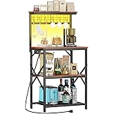 Furologee Bakers Rack with Power Outlet and LED Light, Small Microwave Stand with 4 Tier Shelves, Coffee Bar Station Table wi