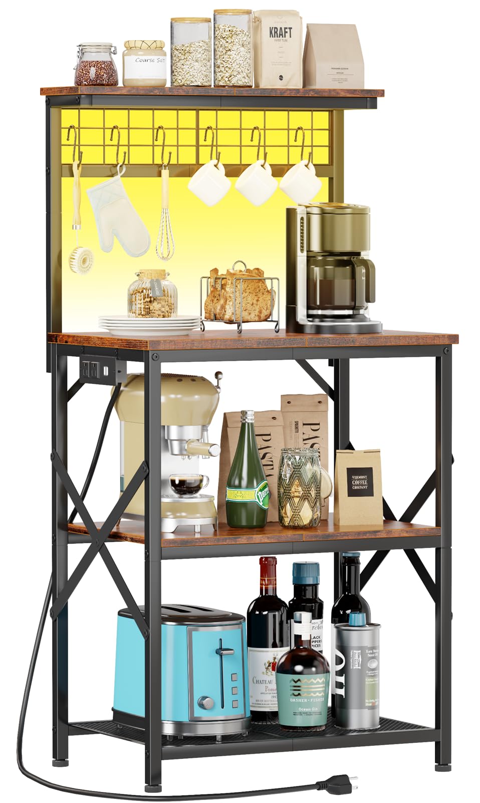 Photo 1 of Furologee Bakers Rack with Power Outlet and LED Light, Small Microwave Stand with 4 Tier Shelves, Coffee Bar Station Table with 6 S Hooks, Kitchen Storage Rack for Spices, Pots, Rustic Brown