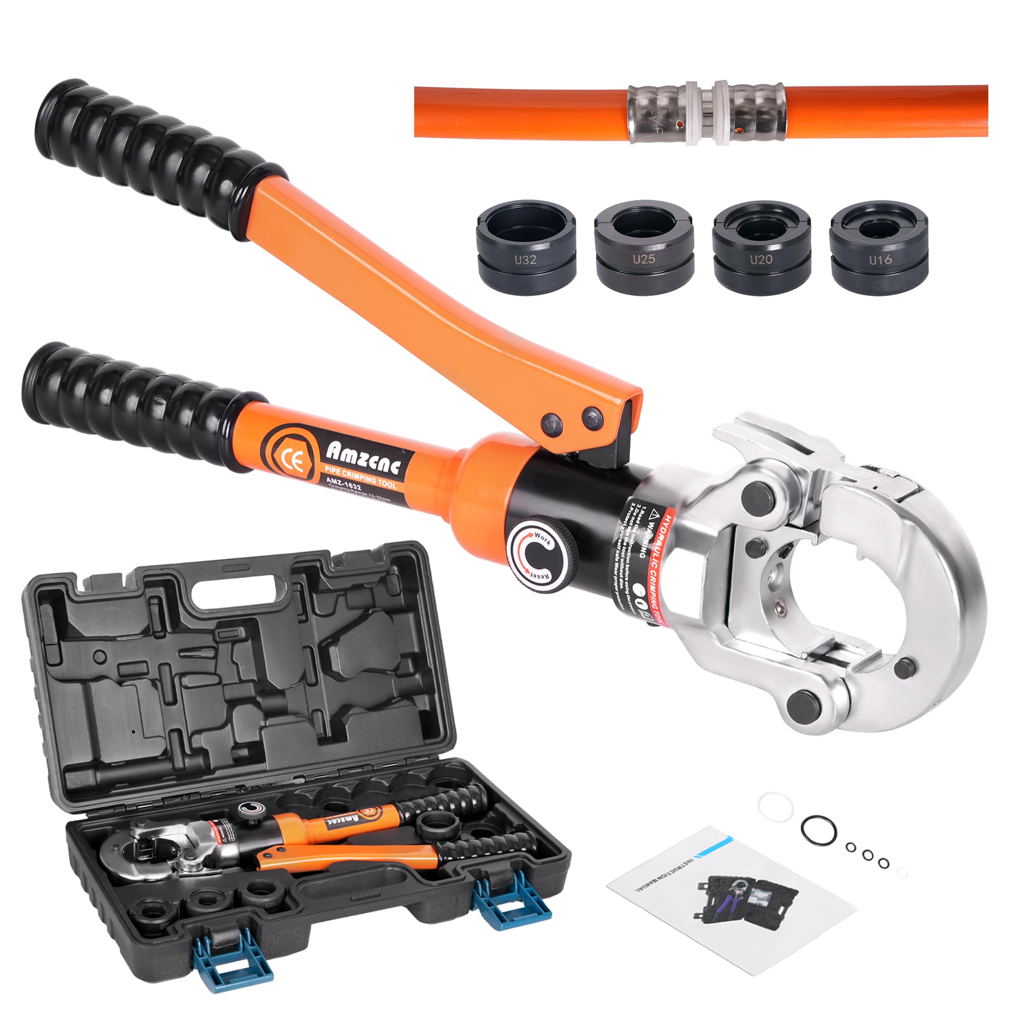 AMZCNC Professional crimping pliers U-contour 16-20-25-32 set pressing tool with 360° rotating head, for composite pipe with fittings of the U-contour, jaw inserts U16, U20, U25, U32 incl.