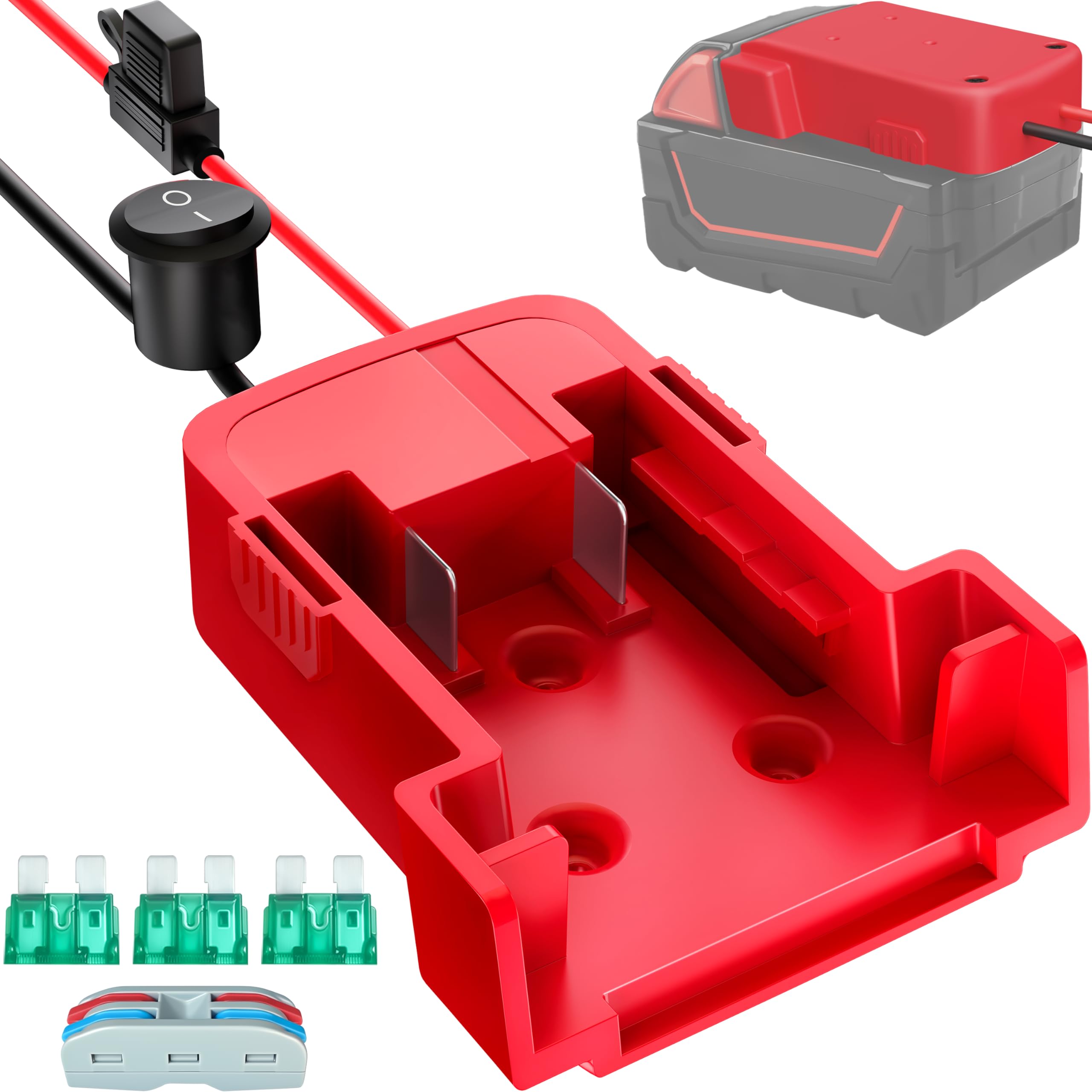 Photo 1 of 1-Pack 18V for Milwaukee M18 Battery Adapter for Power Wheels Battery Upgrade Conversion Kit with Switch Fuses Wire Connectors 12AWG Wire Power Tool Drill Battery Converter Adapter for DIY RC Car, Etc
