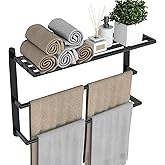 VOTZAAQ Towel Racks for Bathroom, 24 in Black Towel Shelf with Double Towel Bar, 3 Tier Stainless Steel Towel Storage, Bath Towel Holder Wall Mounted for Lavatory Organizer Decor RV Camping