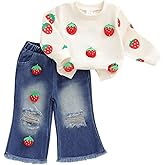 Userdefined Toddler Baby Girl Clothes Fall Long Sleeve Embroidered Sweatshirt Bell Bottom Jeans Pants Set Spring Outfit