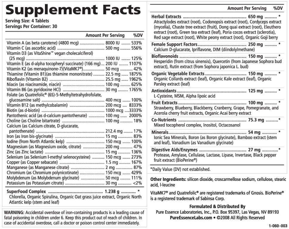 Pure Essence Labs LifeEssence Women's Formula - World's Most Energetic Multiple - The Master Multiple - 120 Tablets: Health & Personal Care