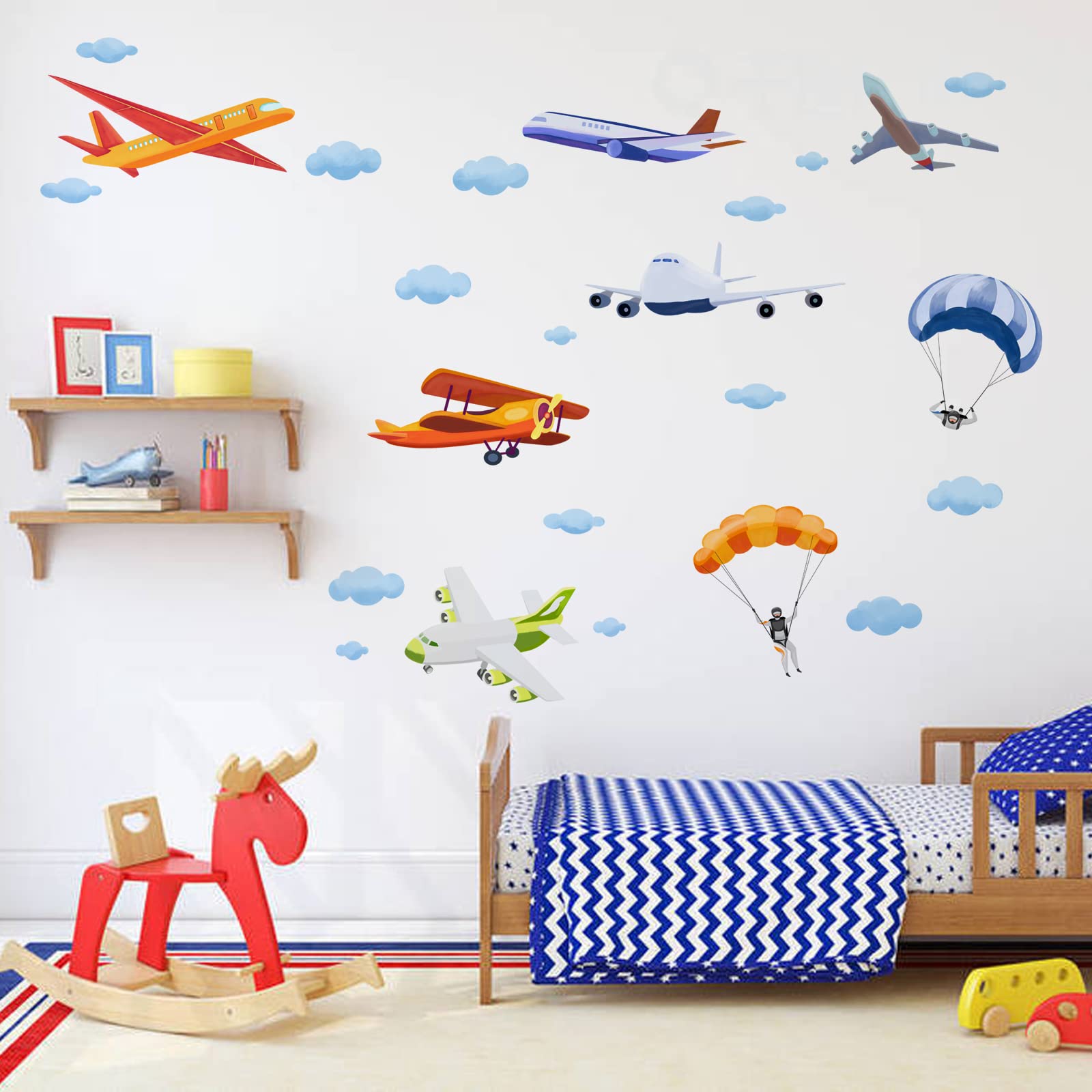 SUPERDANT Aeroplane Wall Stickers Cloud Wall Decal Nursery Decals Stickers for Walls Parachute Decal Aircraft Peel and Stick for Kids Boys Bedroom Playroom Classroom Decoration