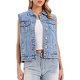 CIMUK Women's Denim Vest Button Down Jacket W Chest Flap Pockets Washed Distressed Sleeveless Jean Jacket