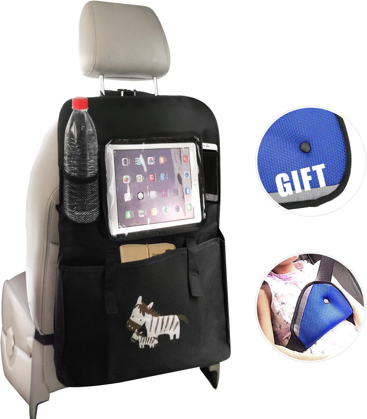 Back Seat Organizer,Meepo Kick Mats With Touch Screen iPad Holder Car Seat Organiser Protector Black for kids , Baby, Child (zebra)