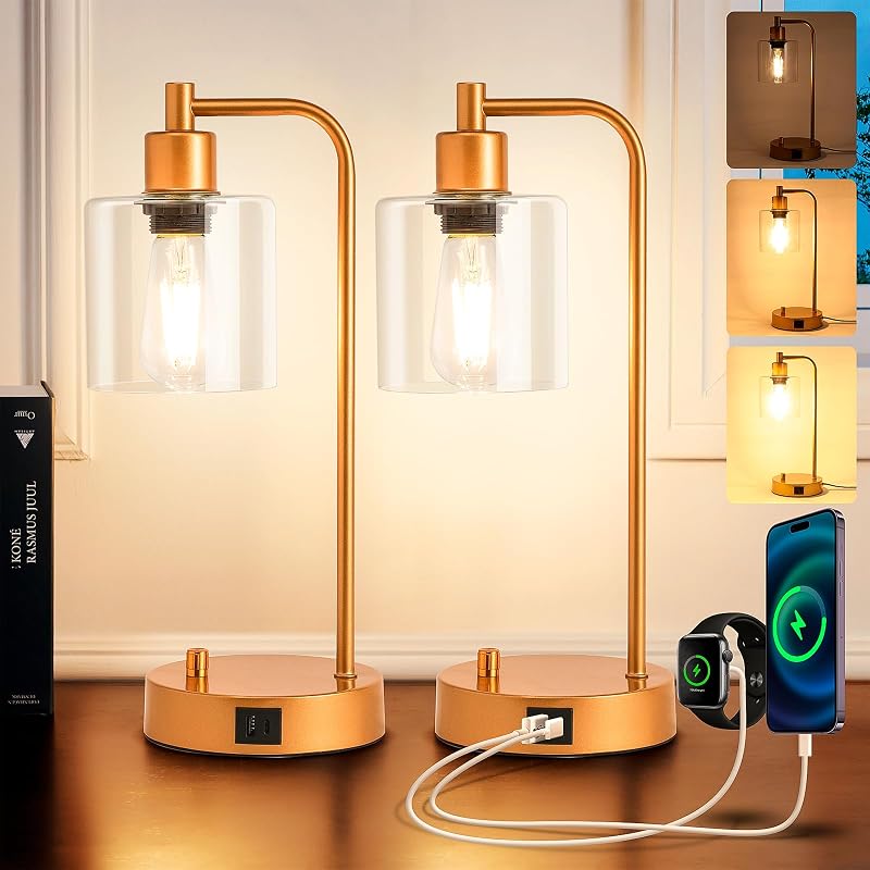 Homelist Gold Bedside Lamp Set of 2 with USB Dimmable LED Bulbs