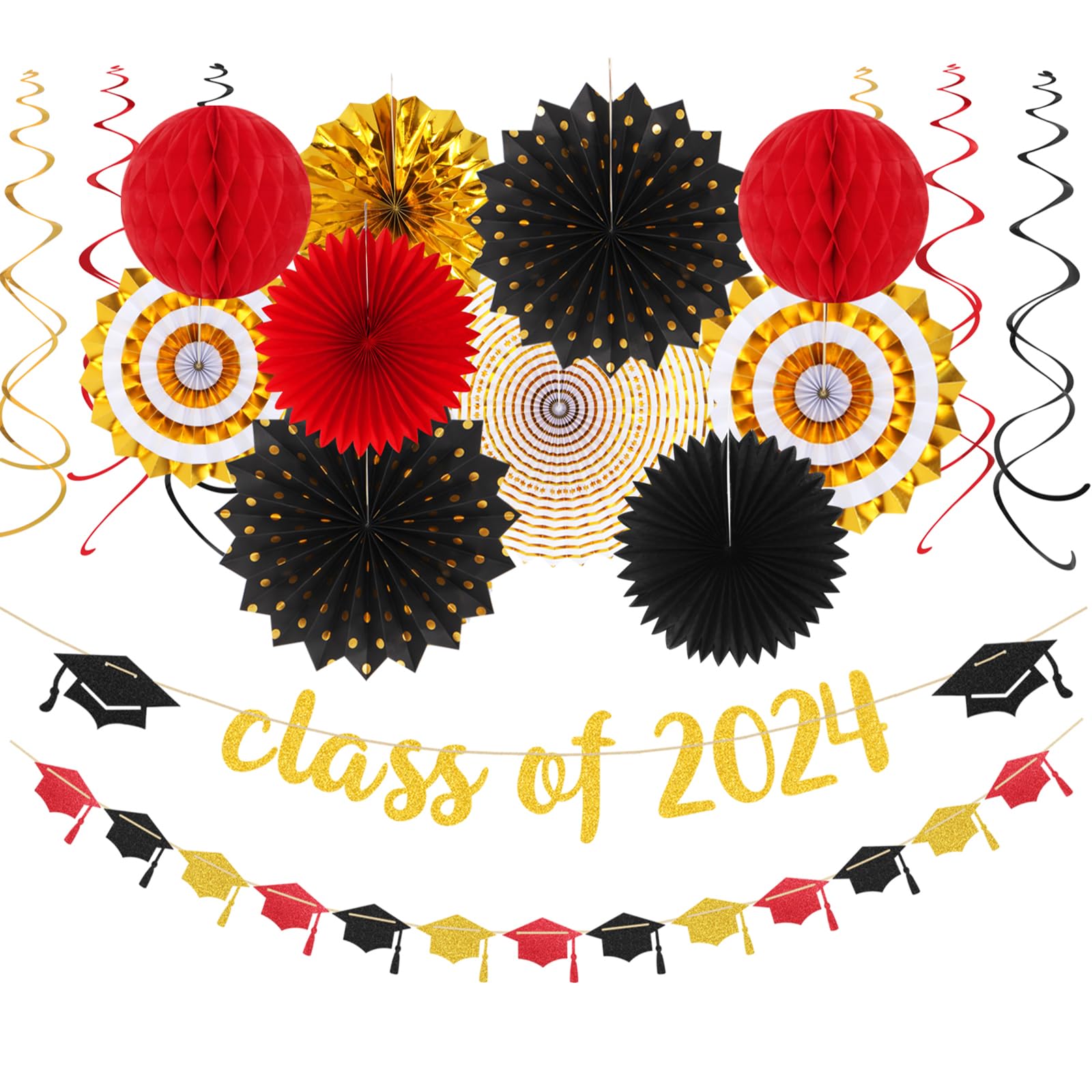Photo 1 of Red-Black Gold Party-Decorations Graduation Banner-Streamers - 18pcs Kits Class of 2024 Garland, Paper Tissue Pom Poms Fan, Honeycomb Lanterns Congrate Grad Congratulations Decor Panduola
