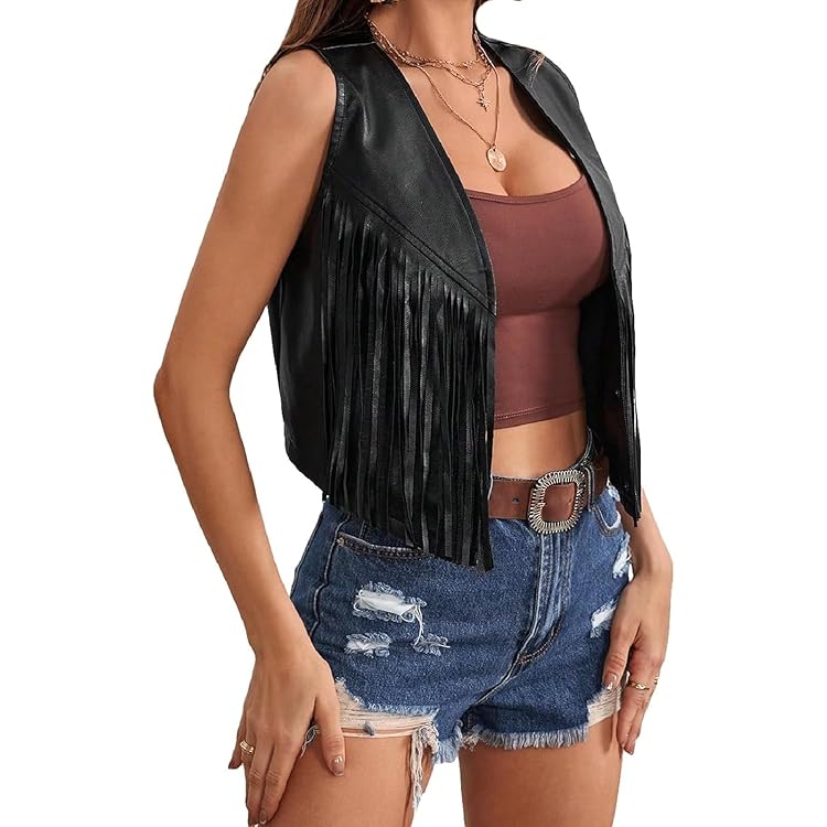 FULA-bao Women Faux Leather Fringe Vest Tops 60s 70s Hippie