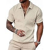 UOUA Men's Zipper Polo Shirts Short Sleeve Sweatshirts Soild Color Tops Striped Texture Casual Golf T