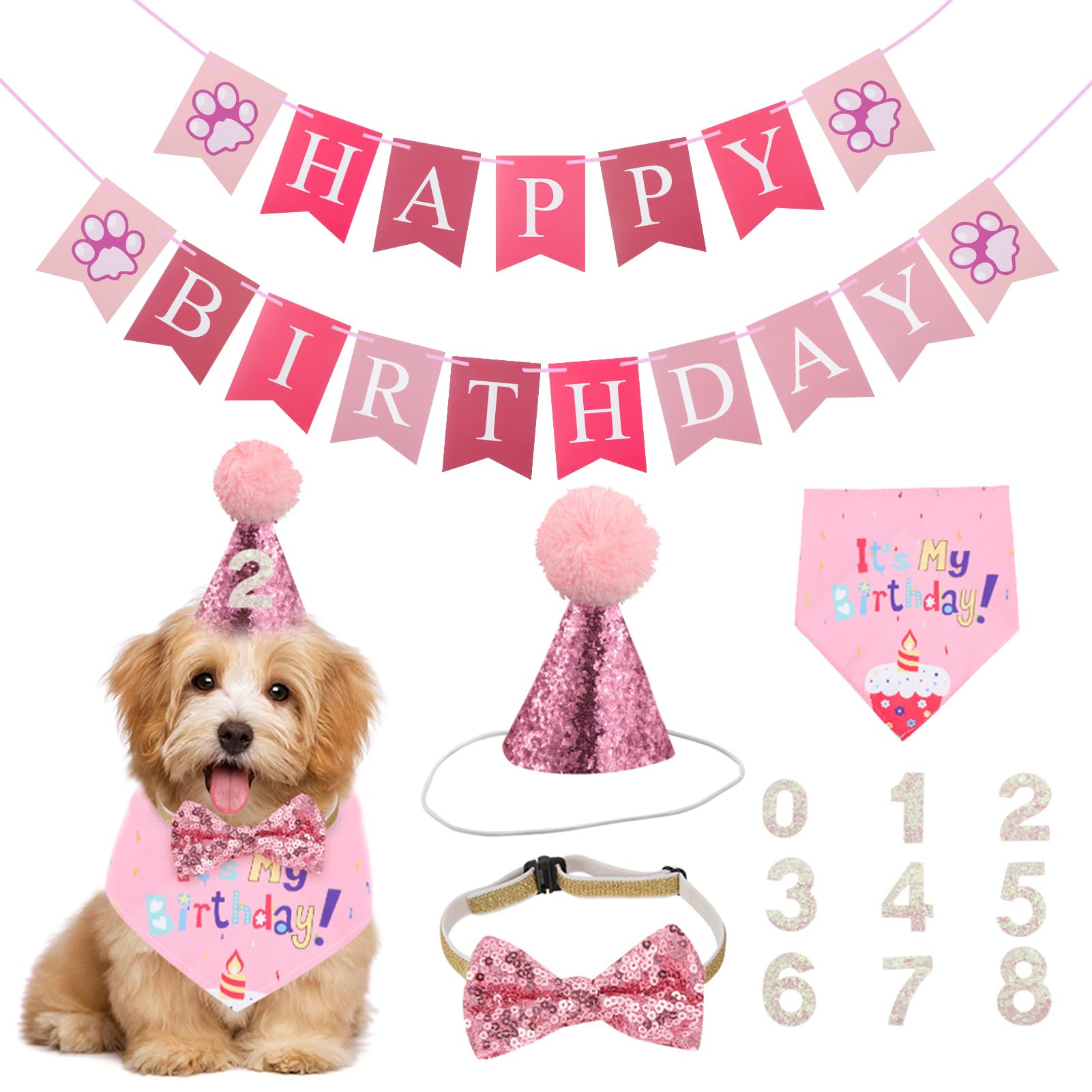 Set of 5 Dog Birthday Bandana Hat Banner Triangle Scarfs Birthday Party Supplies for Small Medium Dogs Cats Costumes Headwear (Pink)