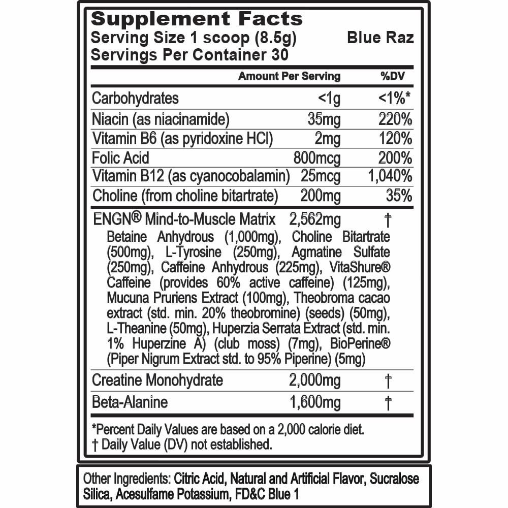 EVL Intense Pre Workout with Creatine - ENGN Energizing Pre Workout for Men Powder Drink for Lasting Energy Focus and Recovery - with Beta Alanine Caffeine and L Theanine - Blue Raz