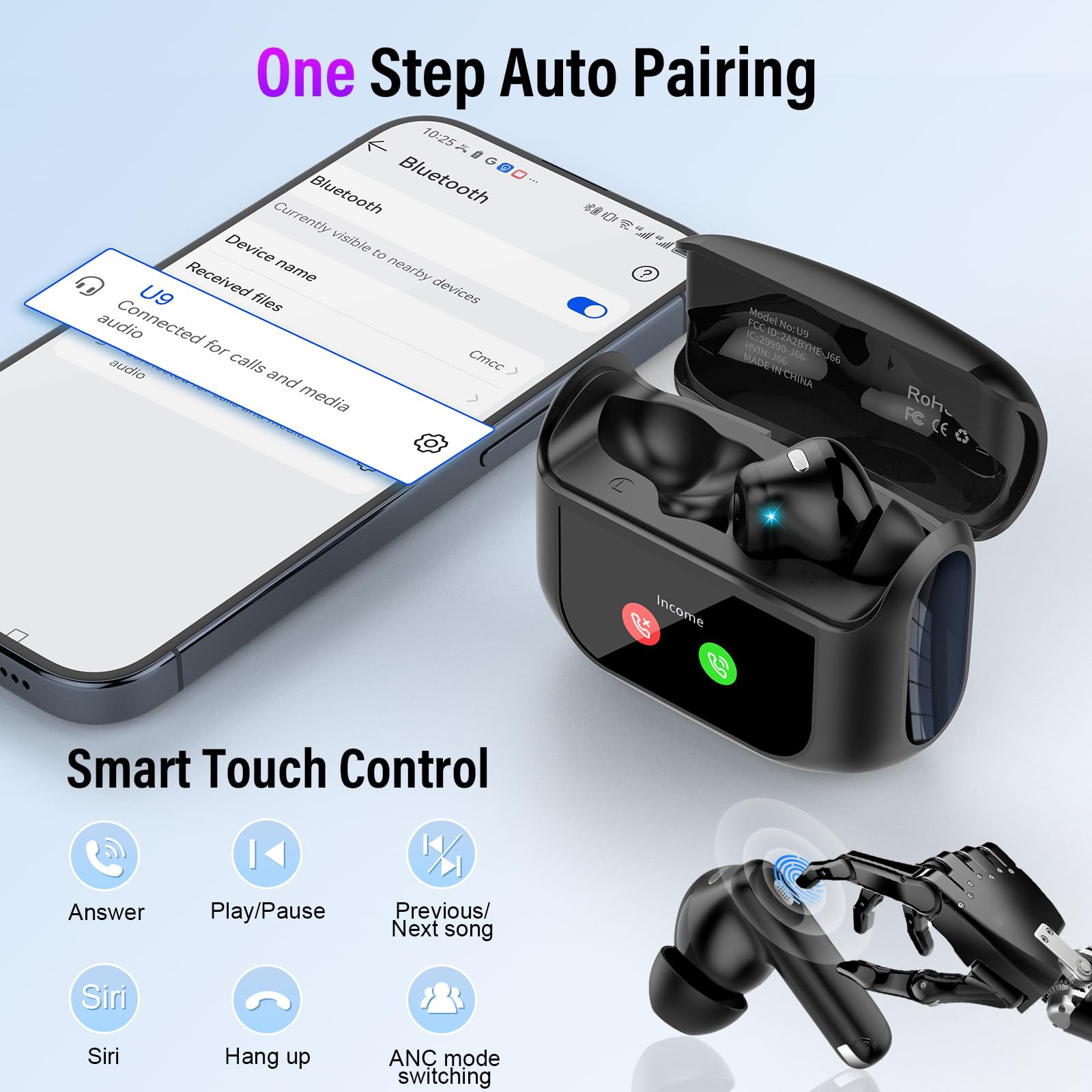 Wireless Earbuds, Bluetooth 5.4 Headphones with Multifunctional Touch Screen, 48H Bass Stereo Ear Buds with ANC/ENC Noise Cancelling/Transparency Mode, IPX7 Earphones with 5 EQ Modes for iOS Android - Image 7