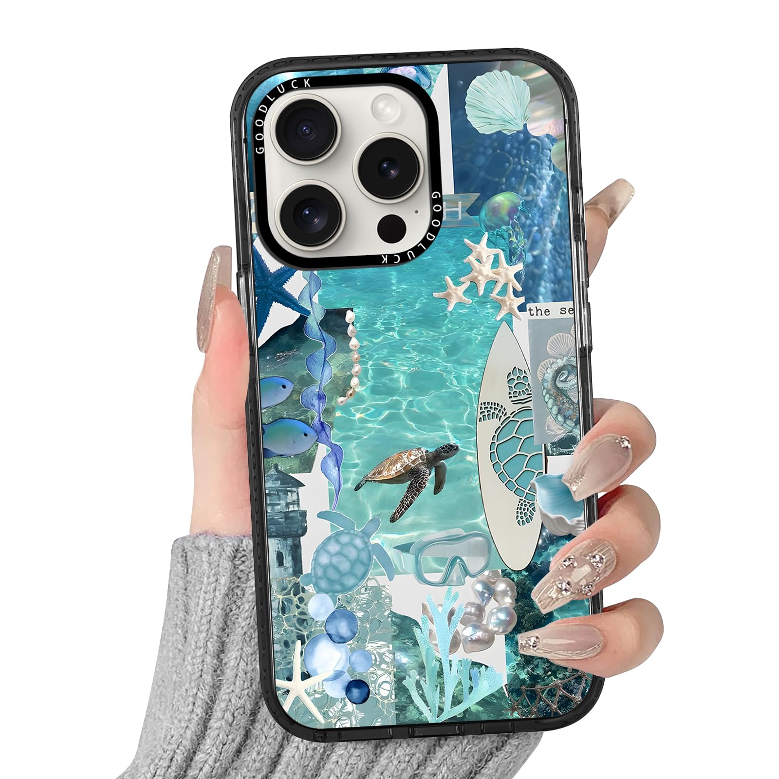 Yomjew Summer Cute Clear Blue Ocean Phone Case for iPhone 15 Pro Case 6.1", Aesthetic Colorful Turtle Sea Shell Pattern Design Girls Women Black Cover Shockproof Soft Slim TPU Bumper Protection Funda