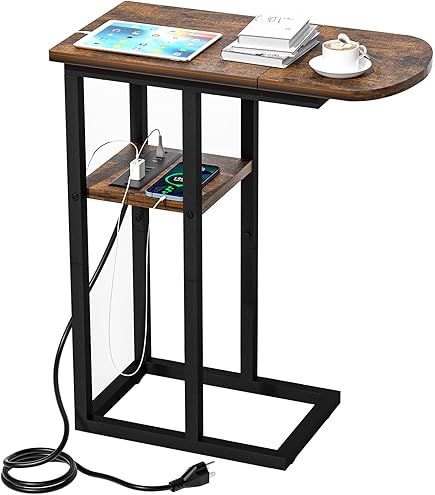 HOOBRO Table D'appoint En Forme De C Avec Station De Charge, Table De Canapé De 71,1 Cm De Haut Pour Canapé Et Fauteuil Inclinable Pour Petits