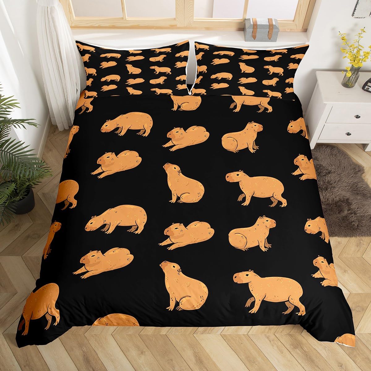 Homewish Brown Capybaras Comforter Cover Cute Capybaras Duvet Cover for Kids Teens Adults, Funny Pet Rodent Animals Bedding Set Cartoon Capybaras Bed Cover for Capybara Lovers Bedroom Decor, Double