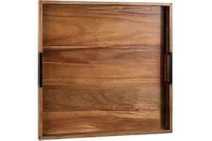 Large Ottoman Tray for Living Room and Coffee Table Decorative Acacia Wood Serving Tray with Handles for Breakfast in Bed, Di