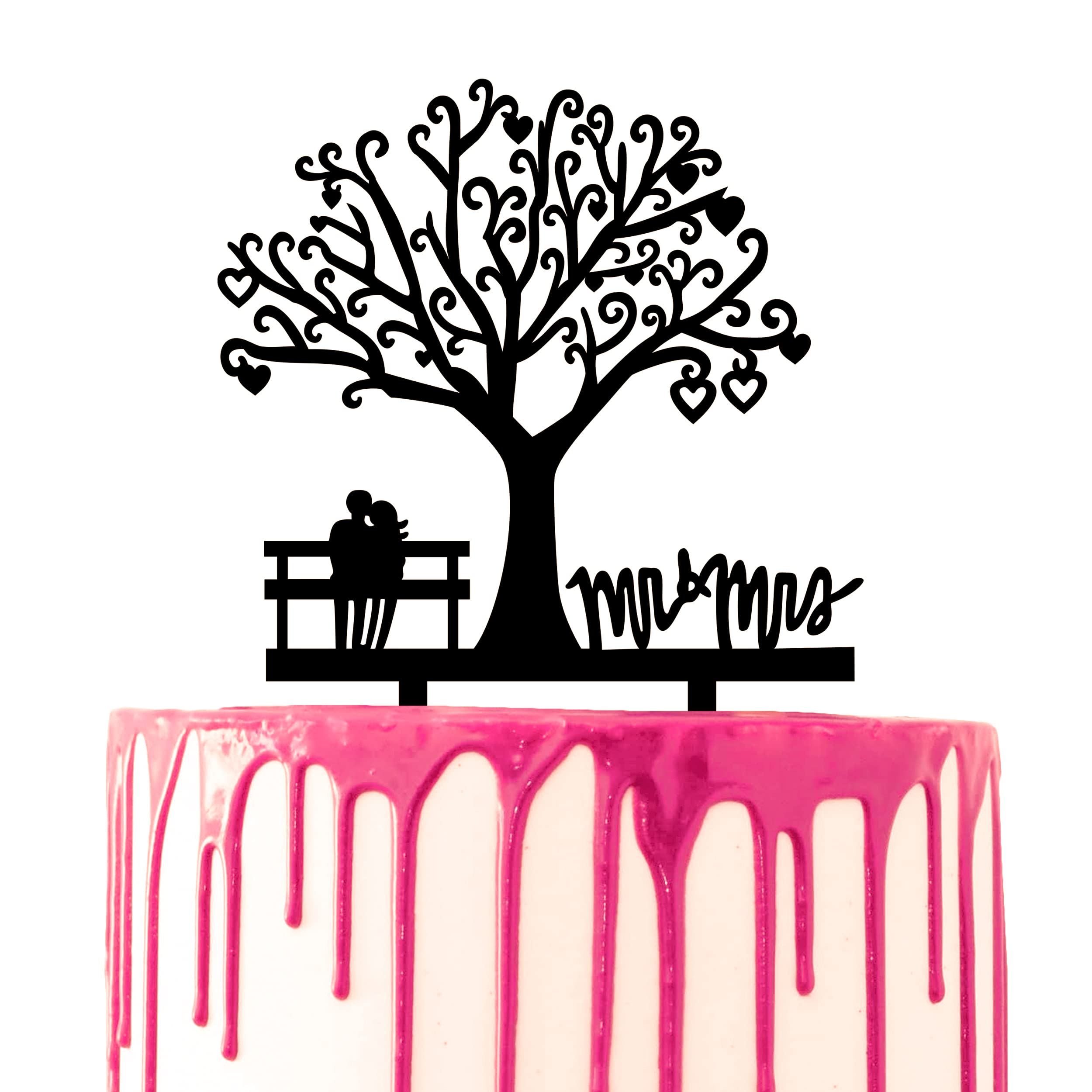 CARISPIBET Wedding cake topper acrylic silhouette Couple sit on the bench by the tree lovingly "Mr & Mrs" marriage cake decorative