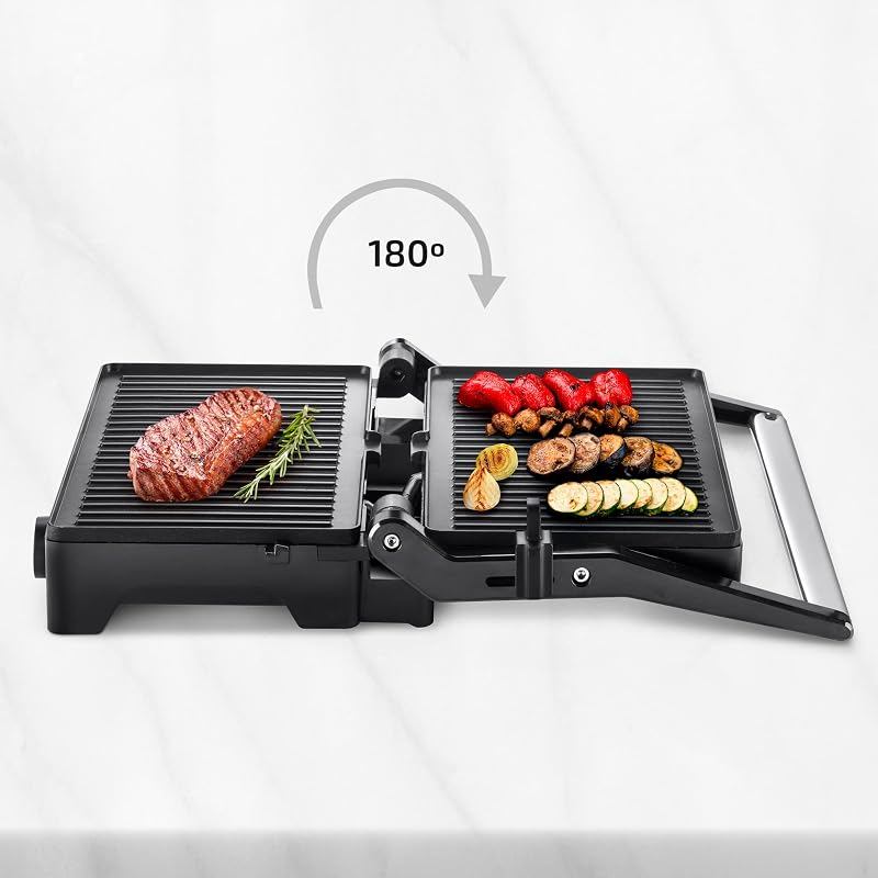 Teide Parilla Eléctrica, Panini Press Grill, 1600W, Placas Antiadherentes, Apertura 180º, Regulador de Temperatura, Asa Toque Frio, Negro — foto 2 de 6