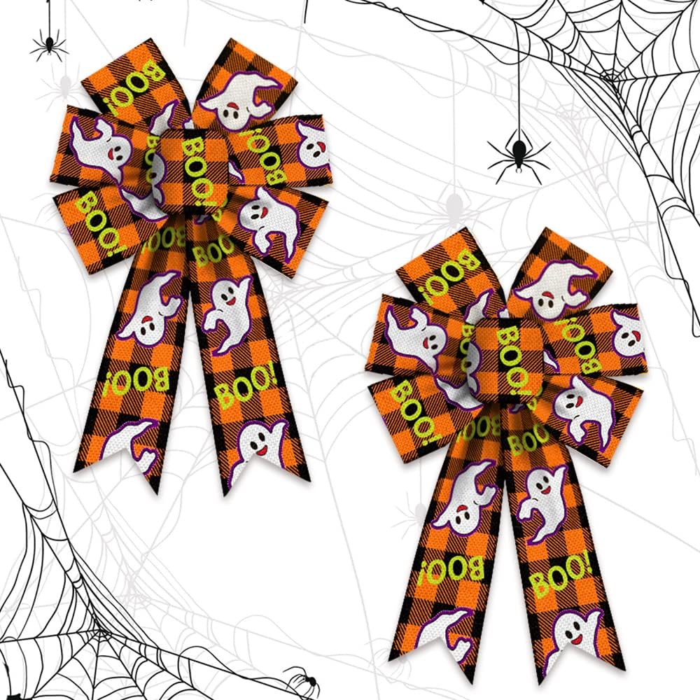 Bows & Ribbons - 2PCS Halloween Wreath Bows Halloween Decor Bows Ghost Boo Buffalo Plaid Burlap Linen Bows for Wreath, Halloween Fabric Ribbon Bows for Home Party Indoor Outdoor Decoration Wreath Ornament Supplies