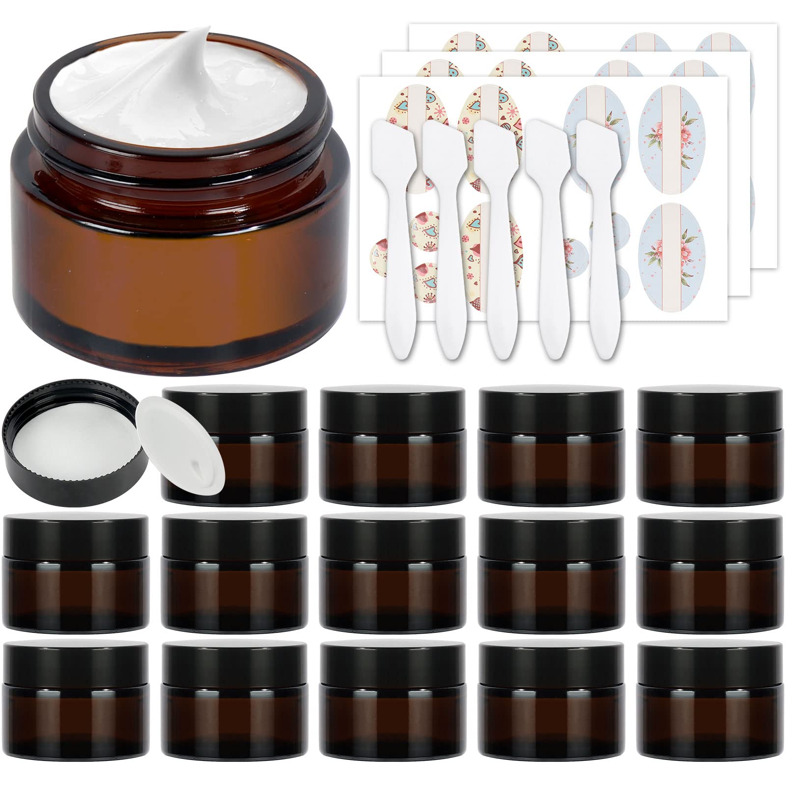 SHiZAK 15 Pack 1 oz 30 ml Empty Amber Glass Jars, Round Cosmetic Container Storage Jars with White Inner Liners and Black Lids for Face Cream Lotion