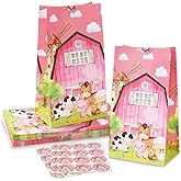 Whaline 24Pcs Pink Farm Animals Party Favor Bags Farmhouse Theme Gift Bags with Tag Sticker Decals Barnyard Goodie Bags Paper Treat bags for Baby Shower Birthday Gender Reveal Party Supplies Gift Wrap