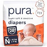 Pura Newborn Baby Diapers - Size N (Up to 10 lbs), 28 Count, Cloud Soft Disposable Diapers for Sensitive Skin, Totally Chlorine Free, Blowout Blocker &amp; Wetness Indicator