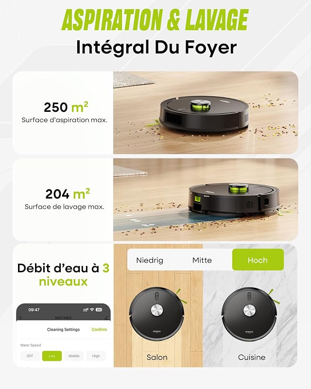 Robot Aspirateur Laveur, 10000Pa, avec Station de Vidange, Navi LDS