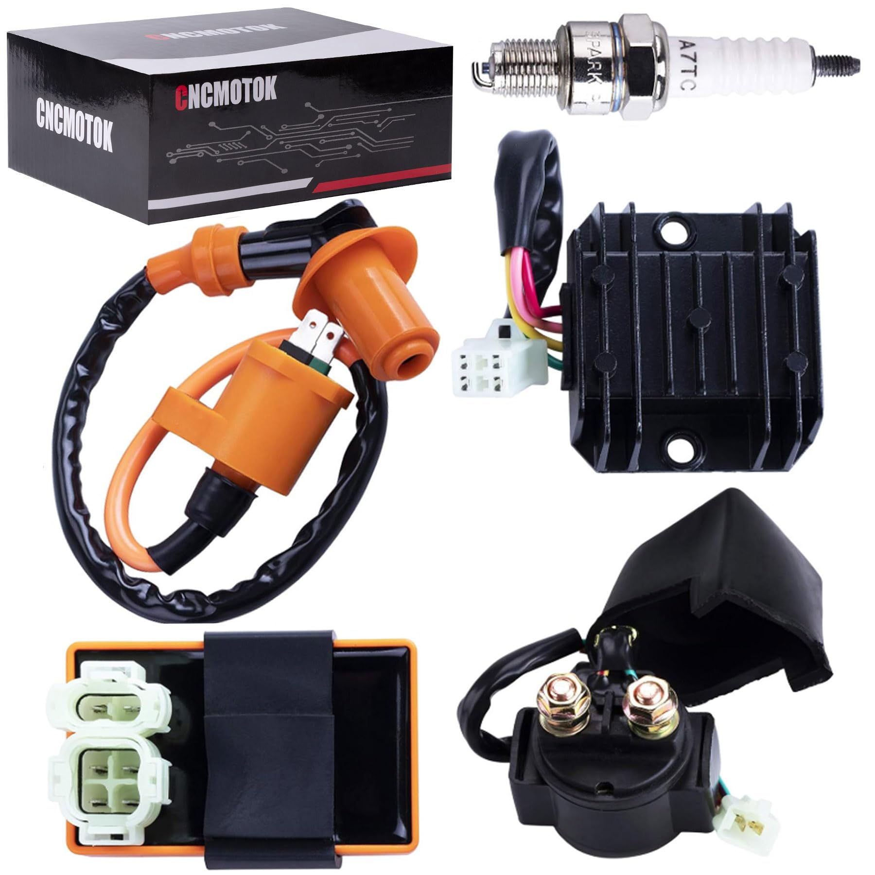 Photo 1 of CNCMOTOK High Performance Racing GY6 Ignition Coil Voltage Regulator Rectifier Solenoid Relay 6 Pin AC CDI Spark Plug Kit for 50cc 125cc 150cc ATV Quad Go Kart Moped Scooter, Black