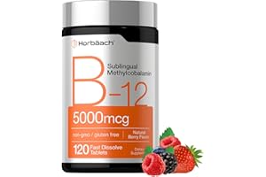 Horbäach B12 Vitamin 5000 mcg | 120 Fast Dissolve Tablets | Sublingual Methylcobalamin | Vegan, Non-GMO & Gluten Free Supplem