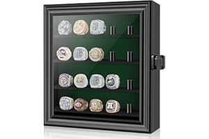 MLIKERO Championship Ring Display Case, Lockable Baseball Ring Holder with 20 Posts, Wooden Shadow Box Wall Mount for Multiple Rings
