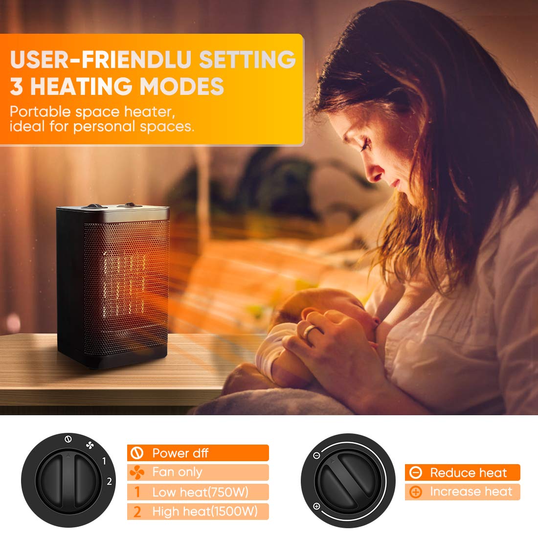 Space Heater Indoor Electric Heater - Portable Ceramic Personal Quiet Small Heater For Office, Home, Bedroom, Kids Room with Thermostat Tip-over & Overheat Auto-Off