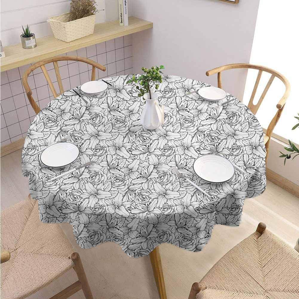 Printed Round Tablecloth Grey and White Rose Flowers Poppy Petals Fragrance Essence Botanical Beauty Monochrome Black White Wedding Patio Dining Dorm Diameter 60"