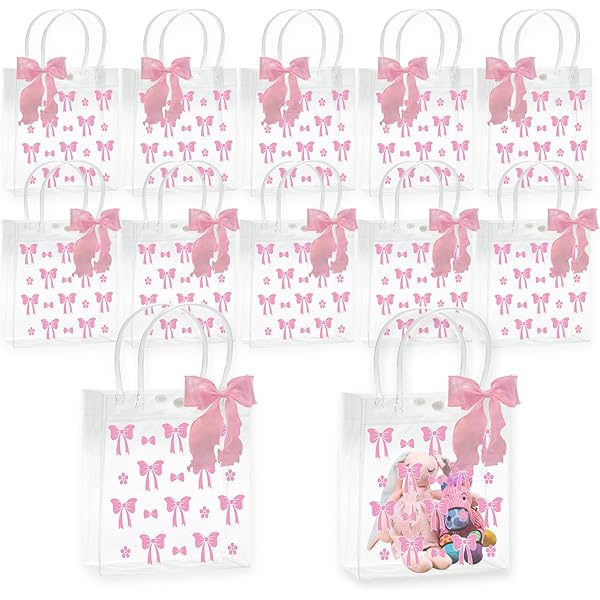 10Pcs Pink Bow Clear PVC Gift Bags - Coquette Party Favor Bags With Handles