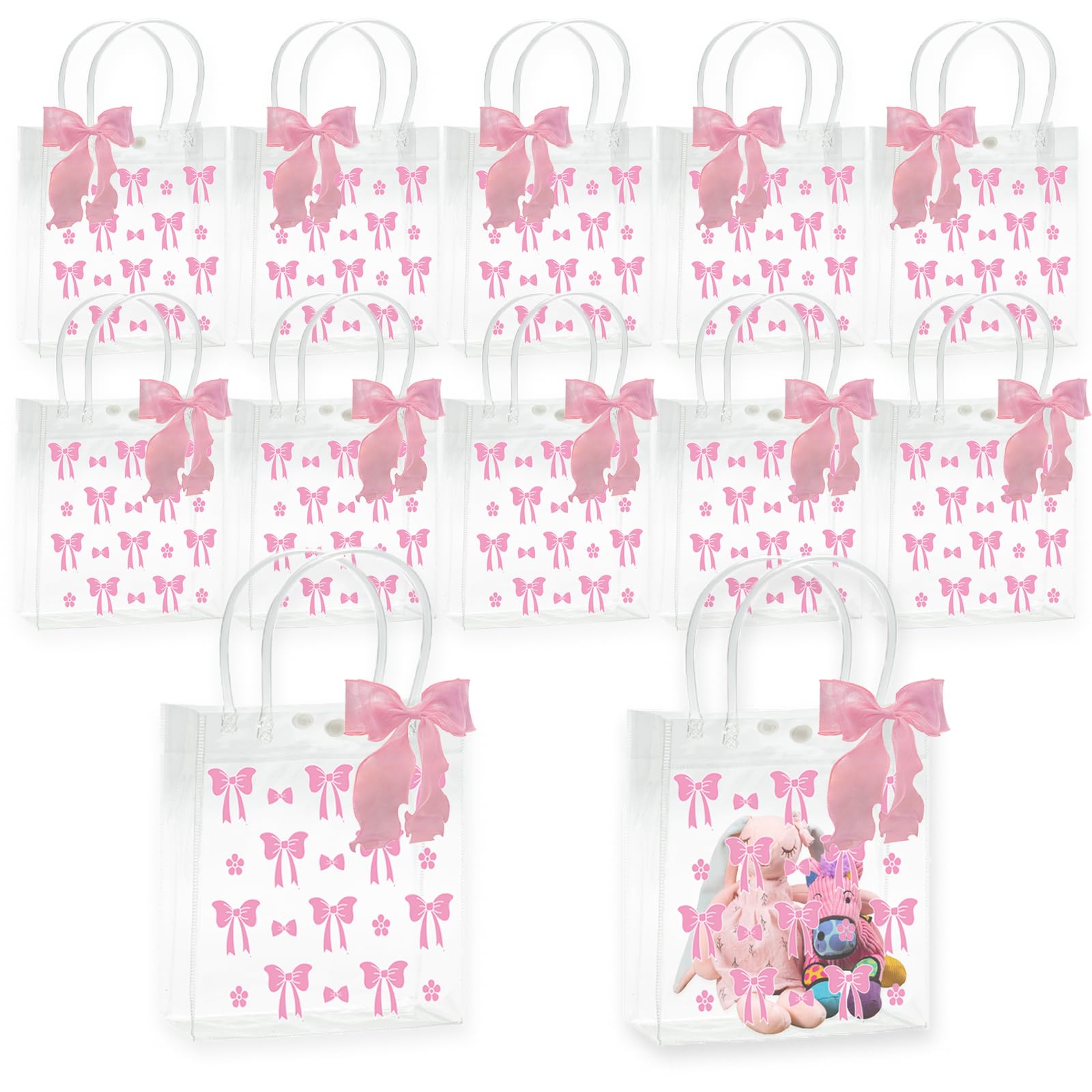 Photo 1 of Lyosehy 10Pcs Pink Bow Clear PVC Gift Bags with Handle Ribbon Pink Coquette Bowknot Party Favor Bags Treat Tote Bag for Wedding Birthday Baby Shower Girls Party Decor Supplies