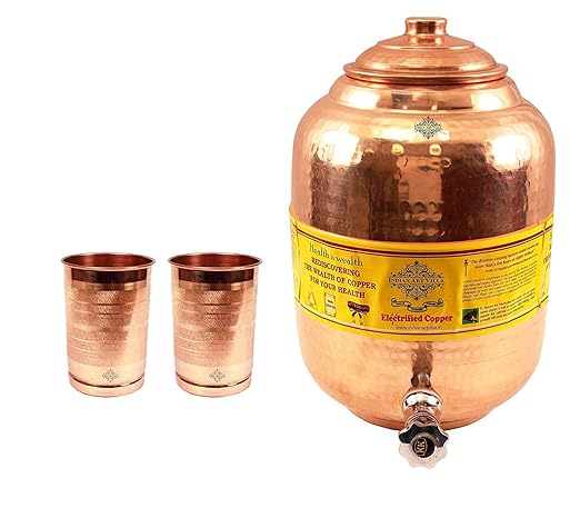 Indian Art Villa Pure Copper Water Dispenser Container Pot Matka with 2 Glass Tumblers, 6.5 Litres (Brown)- Set of 3 Pieces