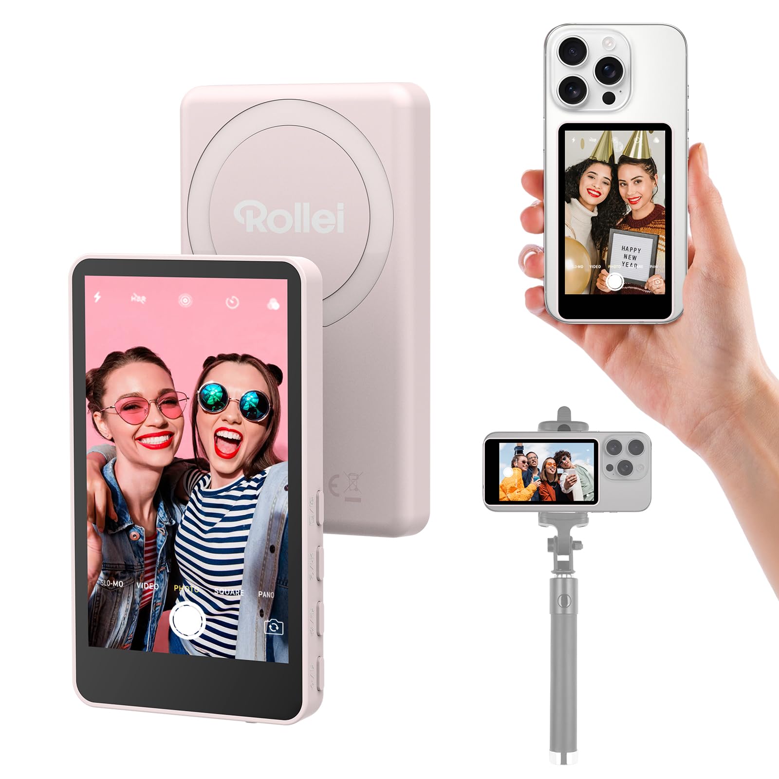Rollei Easy Creator Selfie Monitor Handy Rückkamera Magnetisch Vlog Bildschirm Kompatibel mit Smartphone iPhone und Android für TikTok Live Stream YouTube Rosa Selfie-Monitor-Handy-iPhone-Bildschirm