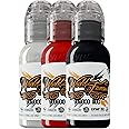 World Famous Trash Polka Mini Tattoo Ink Pigment Set of 3, Vegan, Professional Supplies, 1oz Bottles, Paul Rogers Red, Blackout, Portrait White