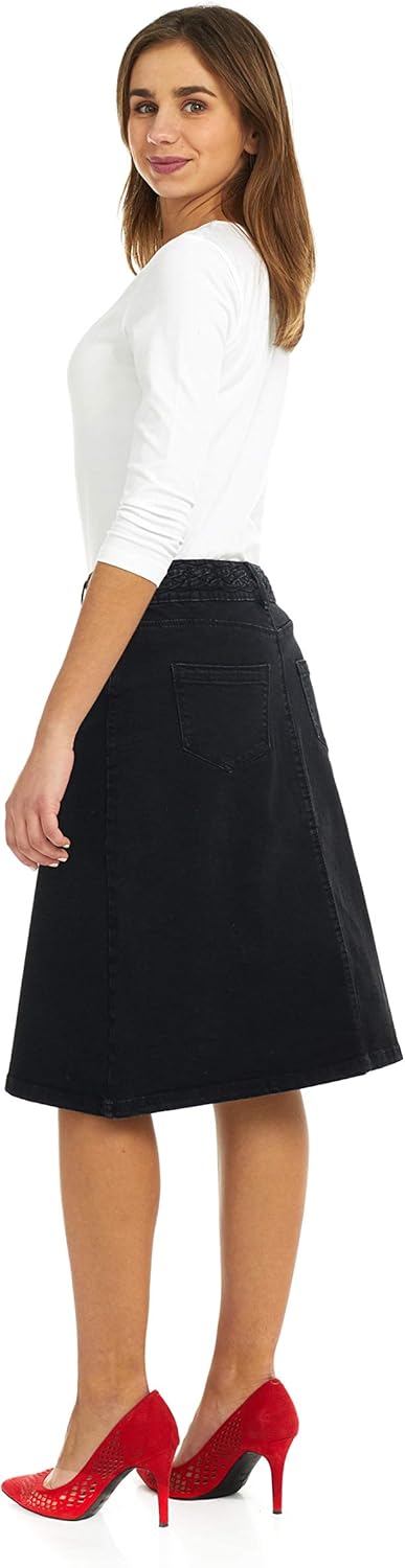 white denim skirt below the knee