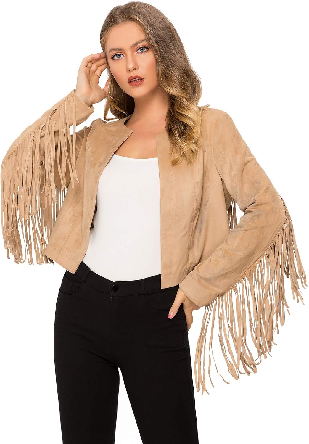 Women's Fringe Jacket Long Sleeve Faux Suede Cowgirl Jackets Open Front