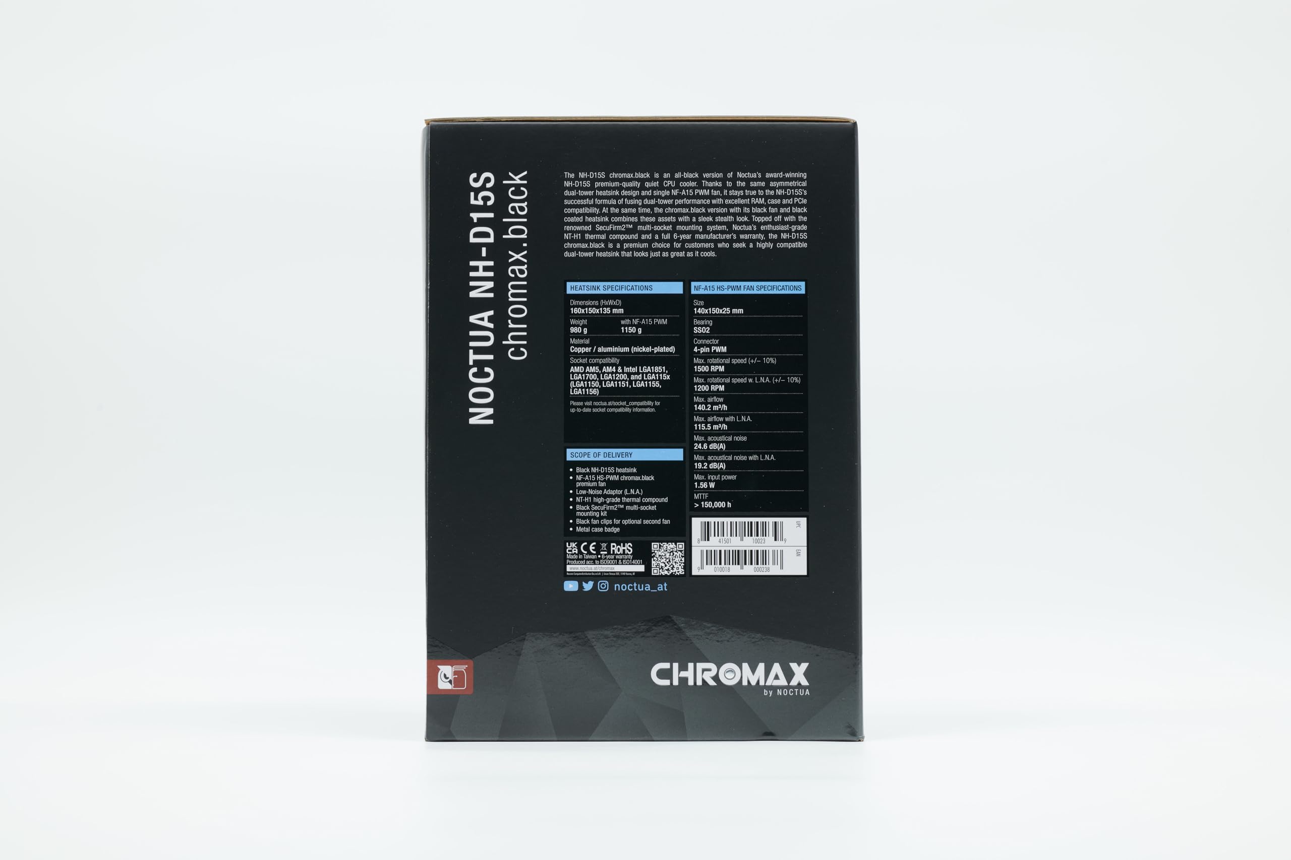 Noctua NH-D15S chromax.Black, Premium Dual-Tower CPU Cooler with NF-A15 PWM 140mm Fan (Black)